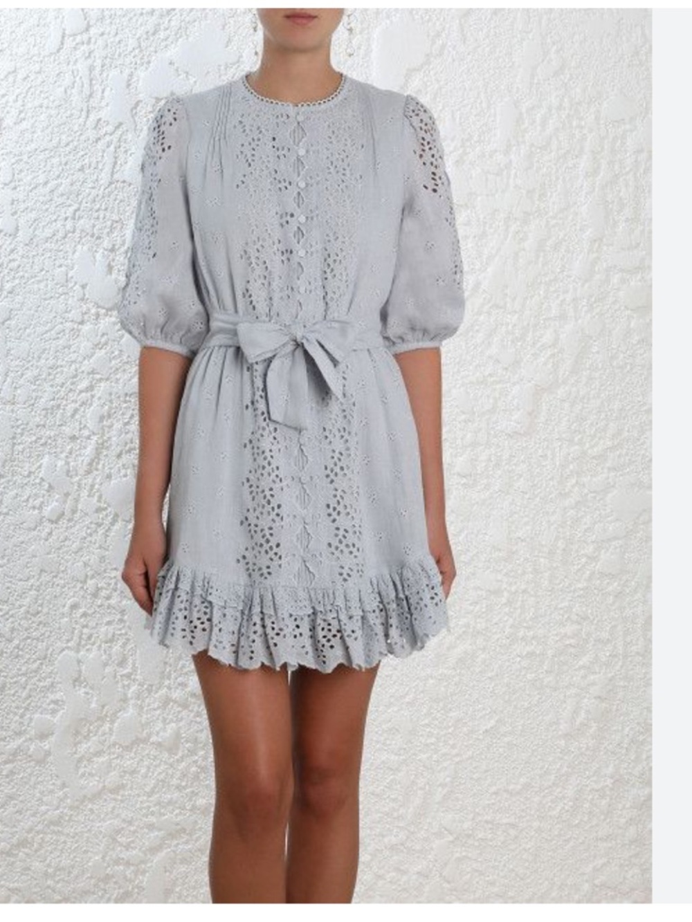 Zimmermann Iris Broderie Anglaise Linen Mini Dress Light Blue Size 0 Xs Belted